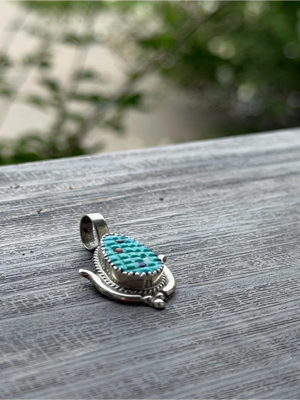 Native American Zuni Handmade Turquoise Corn Multi-Stone Teardrop Pendant Inlay